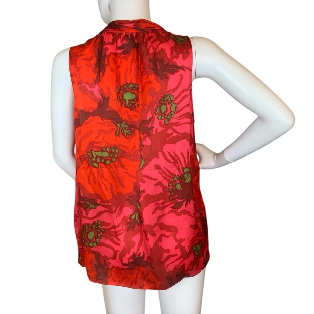 J. Crew Red Poppy Floral Sleeveless 100% Silk Blouse - Picture 4 of 10